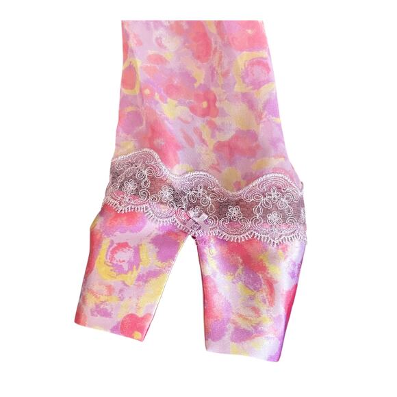 Delicates Pink Yellow Watercolor Floral Short Satin Robe Lace Trim Belted SMALL - Picture 4 of 9